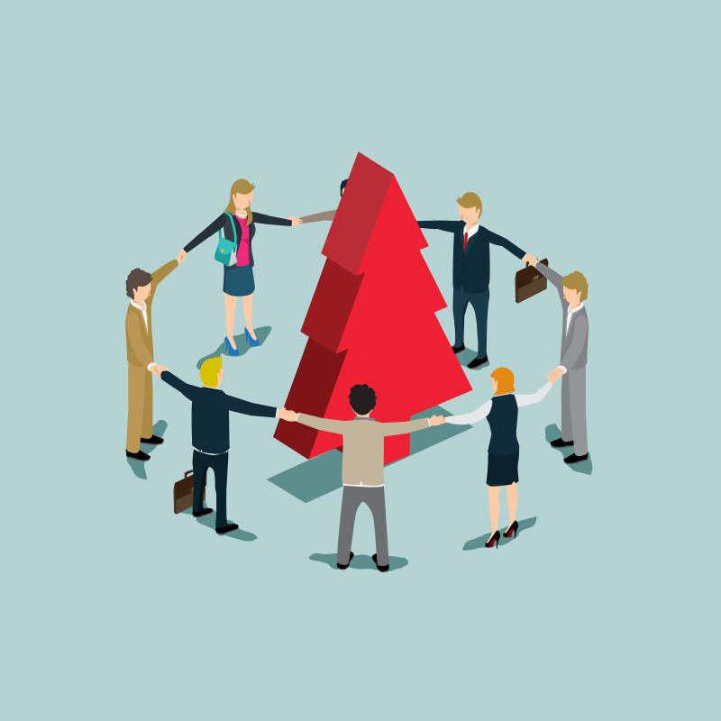 三维等距概念绕圣诞节的商人等距平面设计矢量