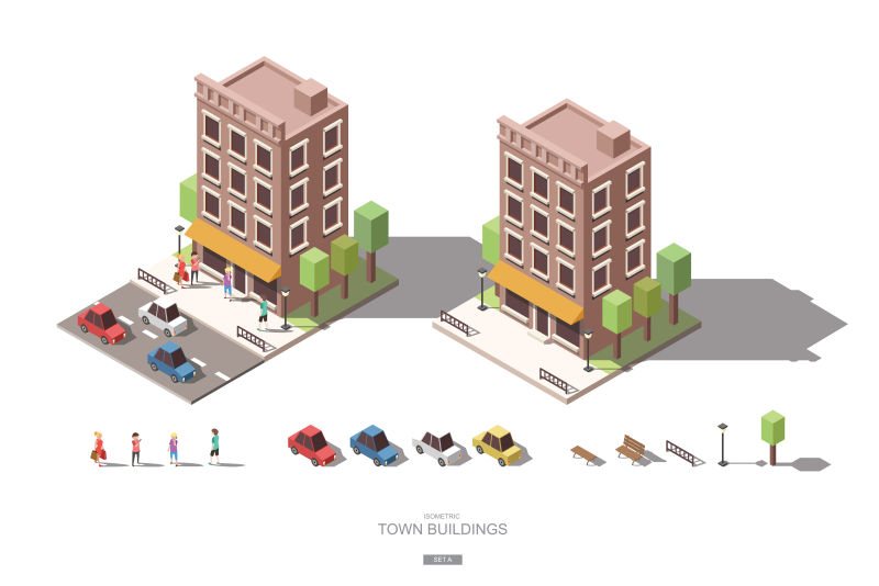 矢量等距人车树建筑
