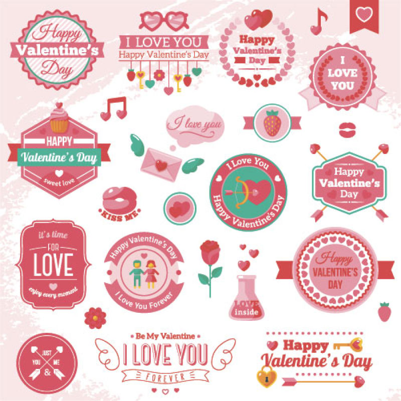 粉红情人节标签矢量插图