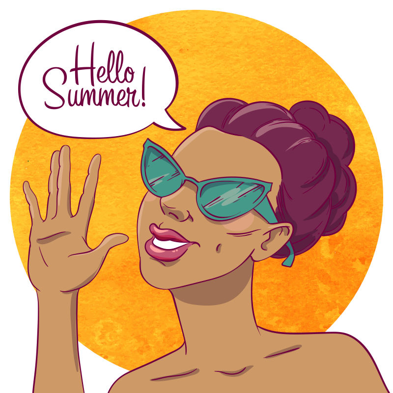 矢量戴着太阳镜女孩的肖像挥手说你好夏天