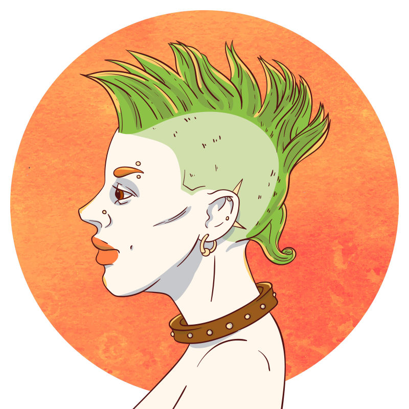 水彩圈背景下矢量一个有莫霍克发型年轻人肖像