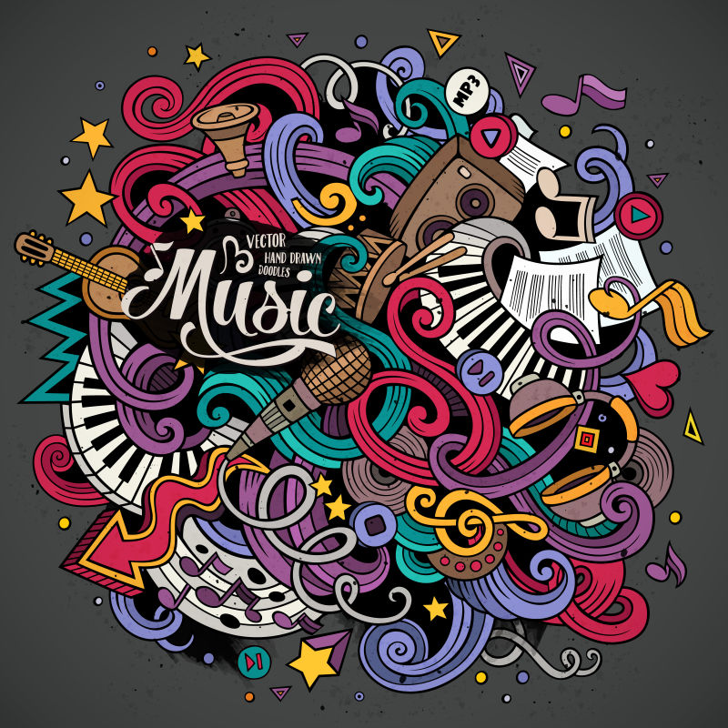 彩色音乐涂鸦手绘矢量插图
