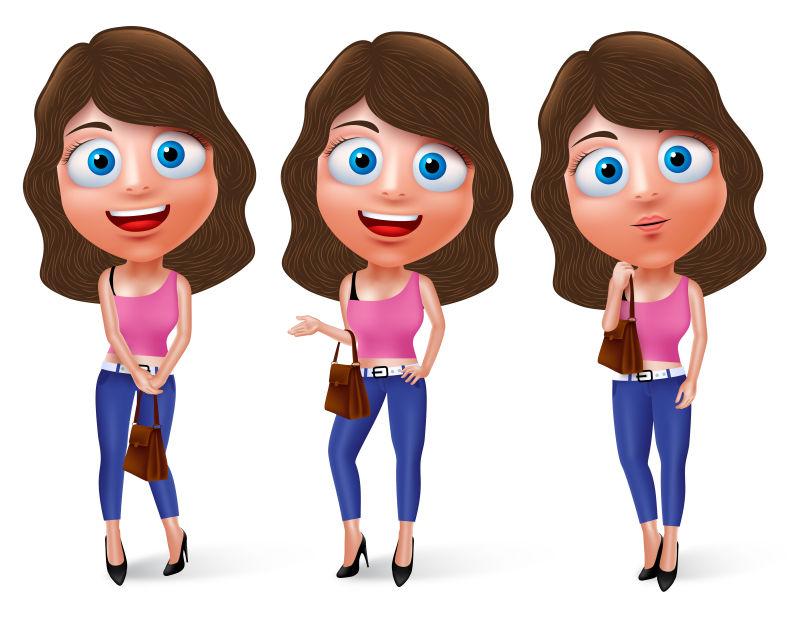 穿牛仔裤和性感装备用不同的姿势举手袋的十几岁的矢量女孩