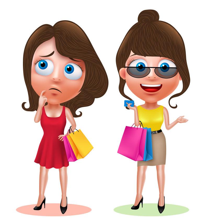 拿着购物袋和信用卡穿着时尚的服装的矢量卡通美女