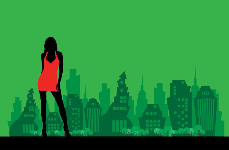 矢量时尚红裙子美女剪影