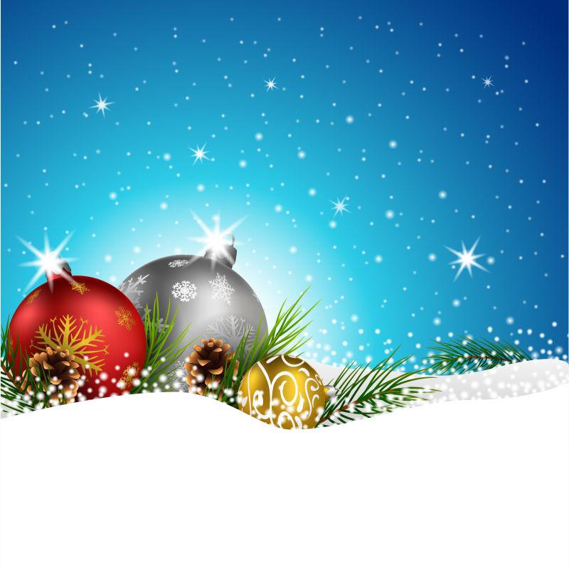 矢量雪地上有杉木和松树的圣诞球