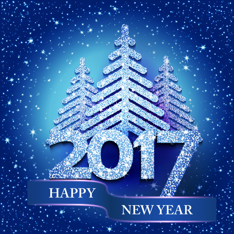 矢量蓝色抽象圣诞树和2017个新年文本与灯和火花
