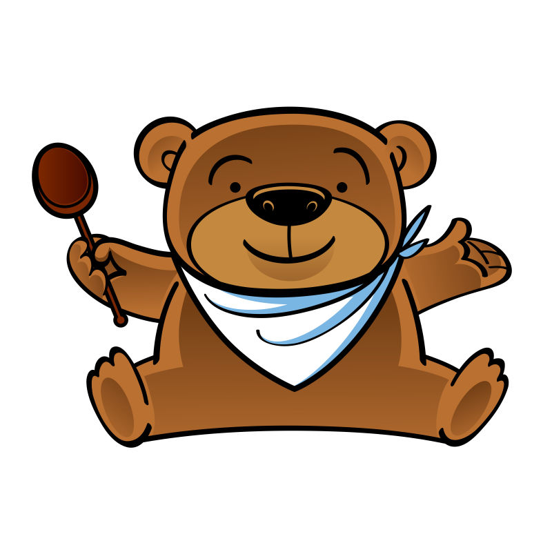 矢量卡通用木勺坐着滑稽的泰迪熊