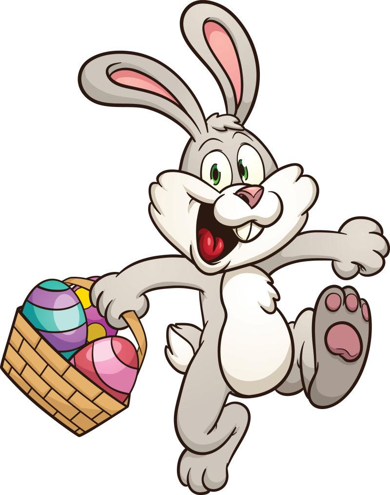 矢量卡通拿着鸡蛋篮子的兔子跳跃