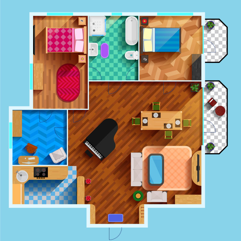 双人房客厅厨房浴室家具的建筑平面布置图矢量
