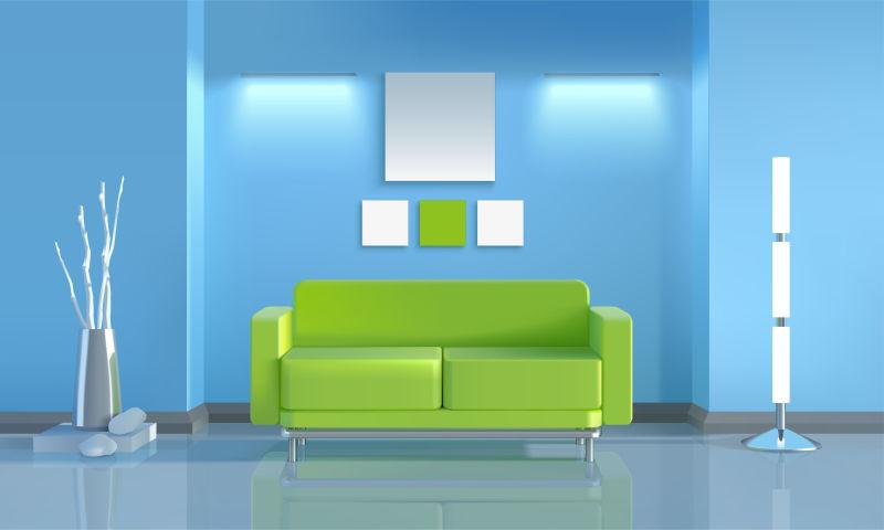 现代客厅实景设计与绿色沙发及灯具矢量