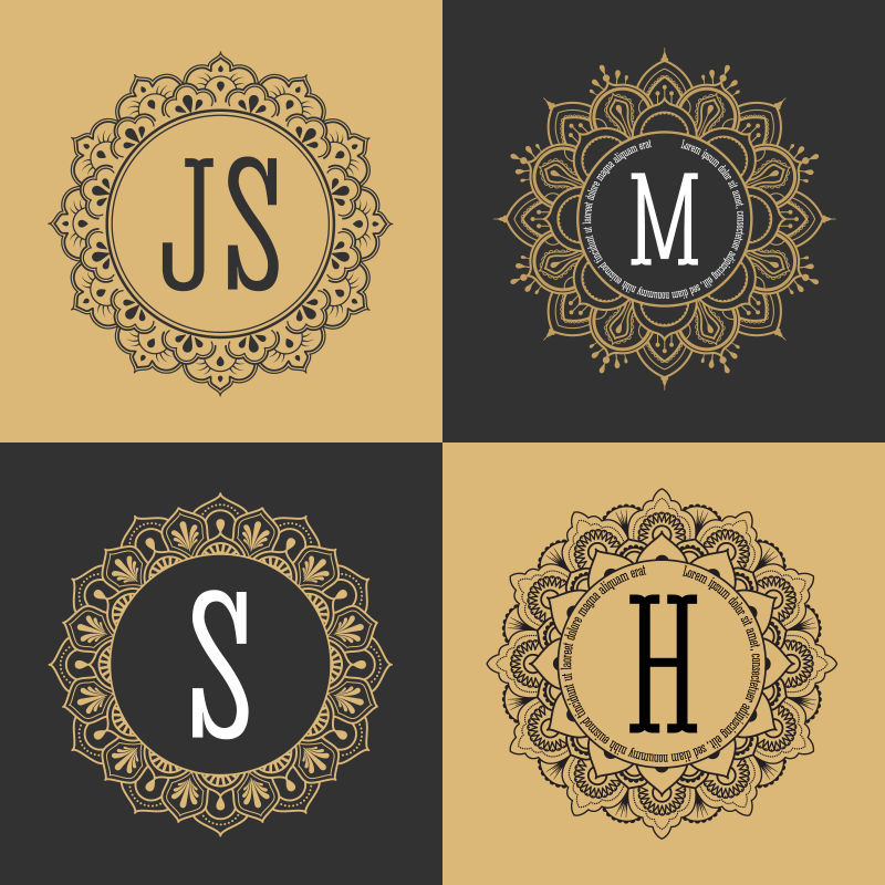 一字圆形框老式豪华风格的矢量字母花纹logo