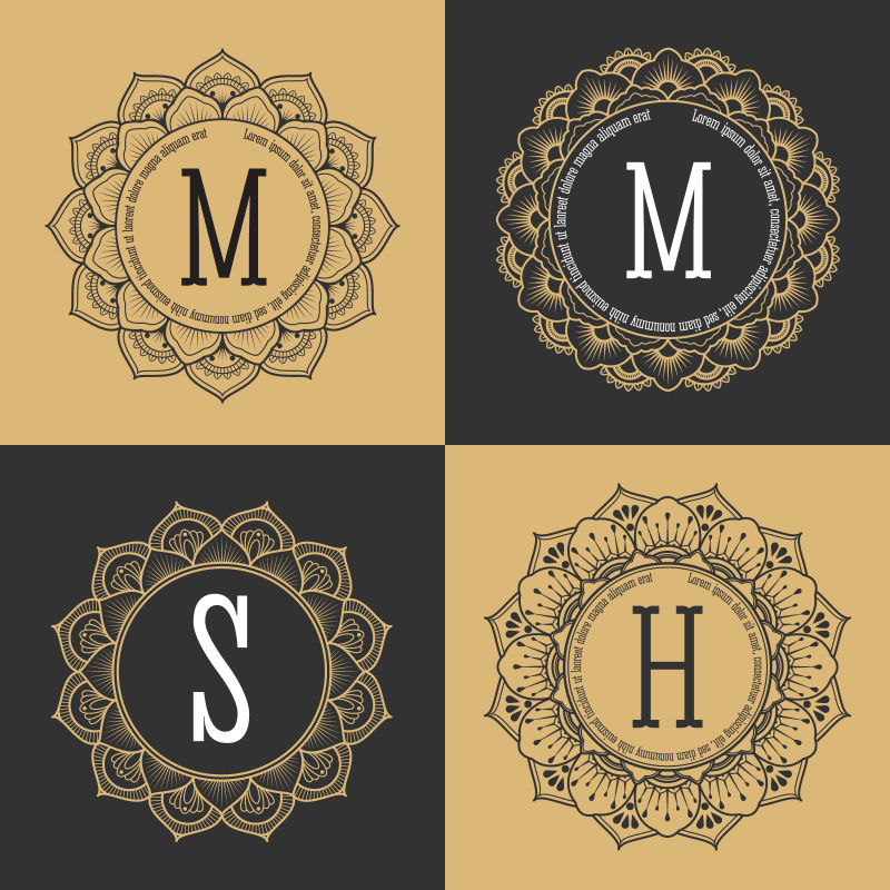 一字圆形框老式豪华风格矢量字母花纹logo