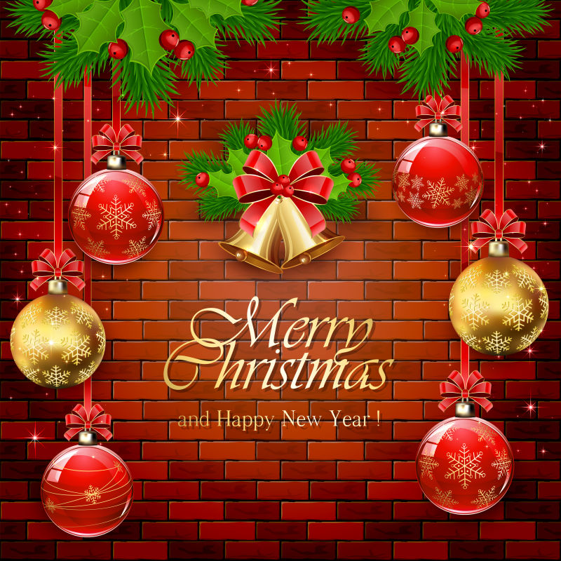 矢量砖墙上的金色圣诞球装饰