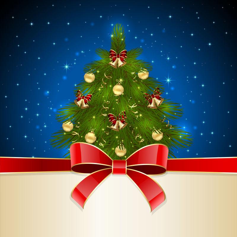 蓝色背景与圣诞树和红色蝴蝶结矢量插图