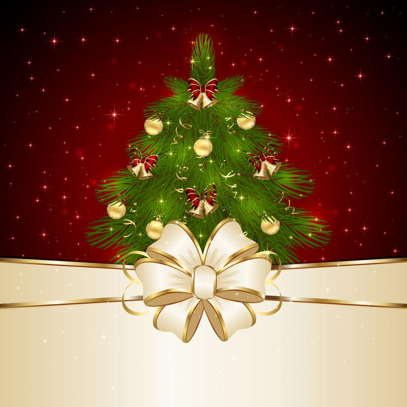 红色背景与圣诞树和米色蝴蝶结矢量插图