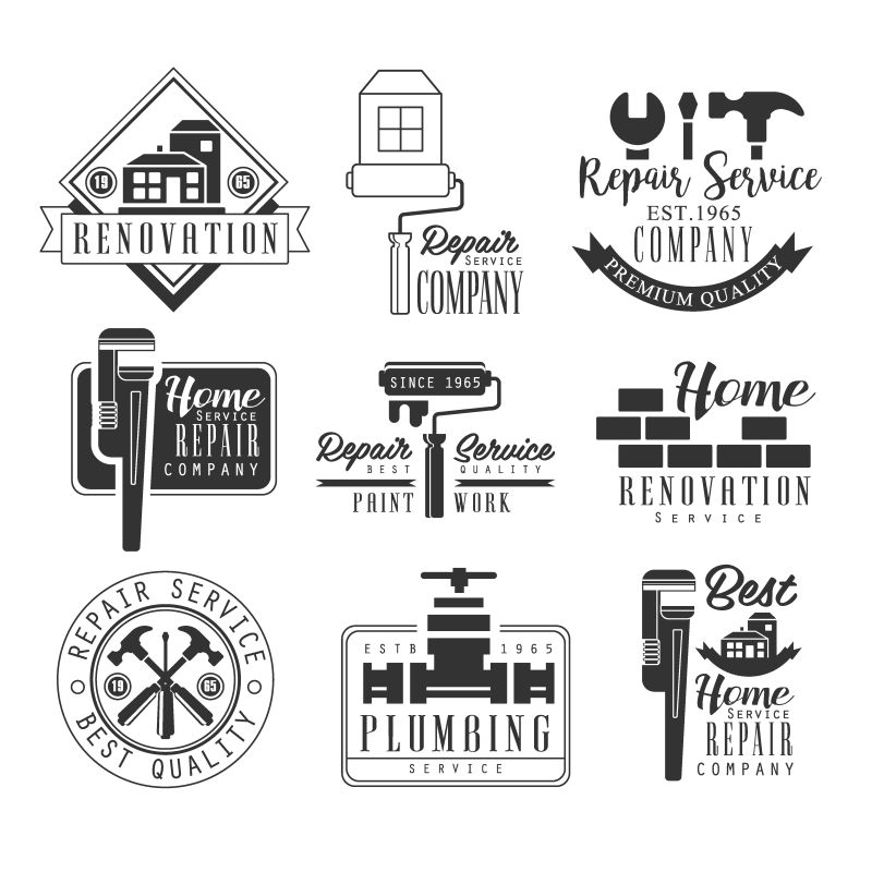 矢量管道和维修服务的黑白标志设计