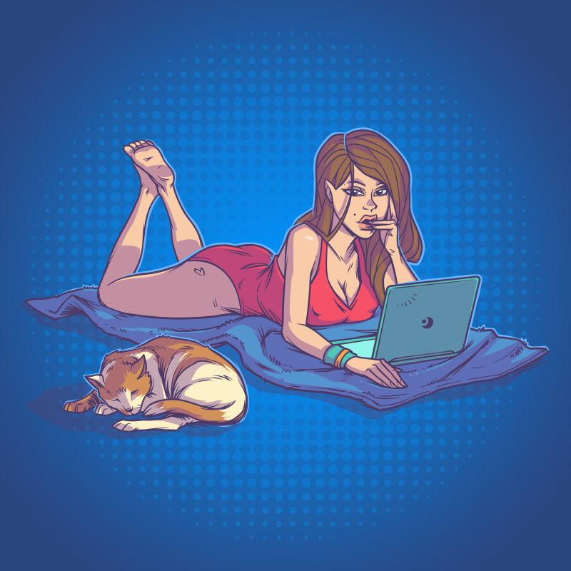 矢量年轻女孩躺在地板上使用笔记本电