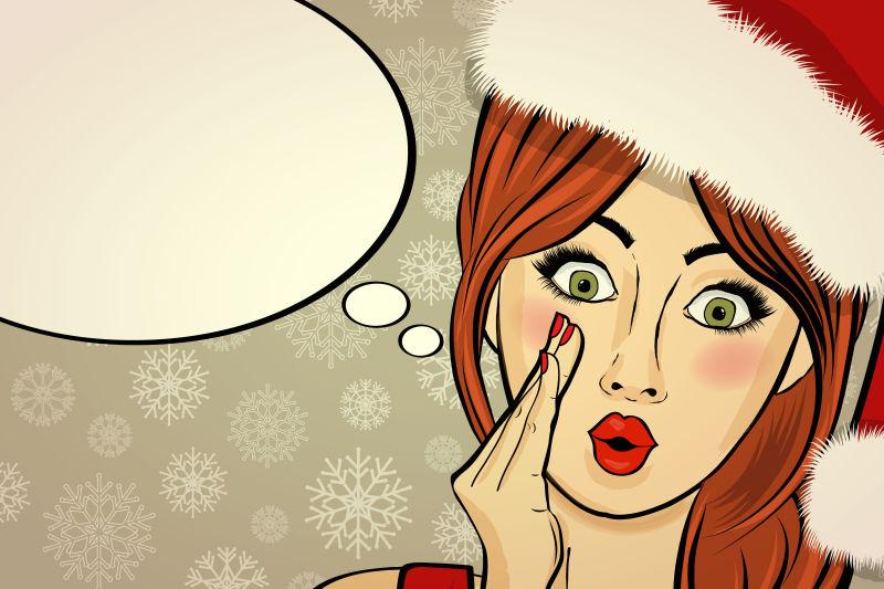 带有对话框的戴着圣诞帽的卡通美女矢量