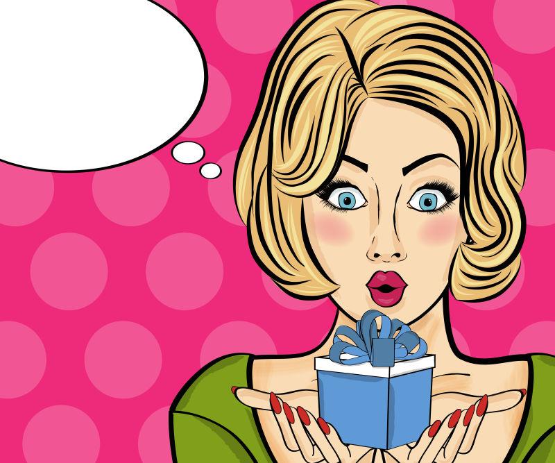 带有对话框的手里碰着礼物的卡通美女