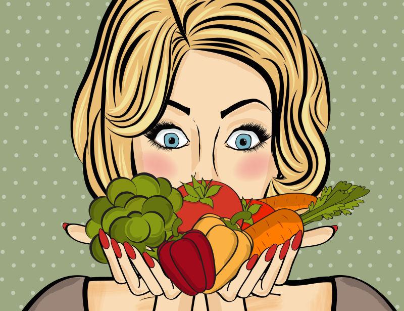 拿着蔬菜的卡通美女矢量