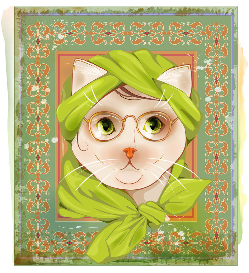 花纹边框中的嬉皮猫矢量图