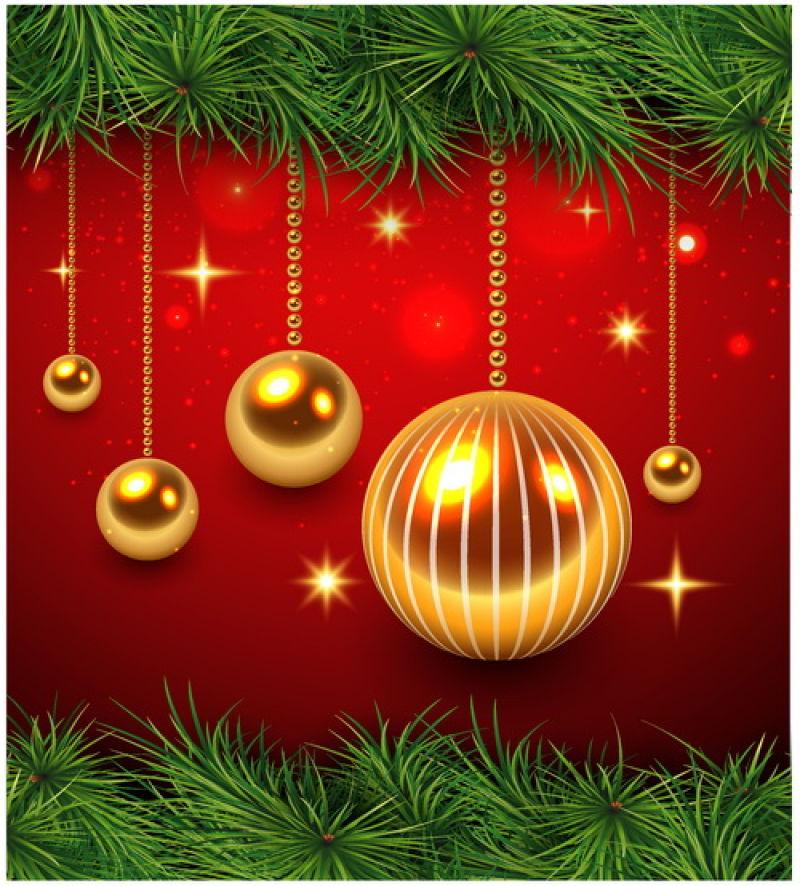圣诞有金色的球和枞树枝矢量插图
