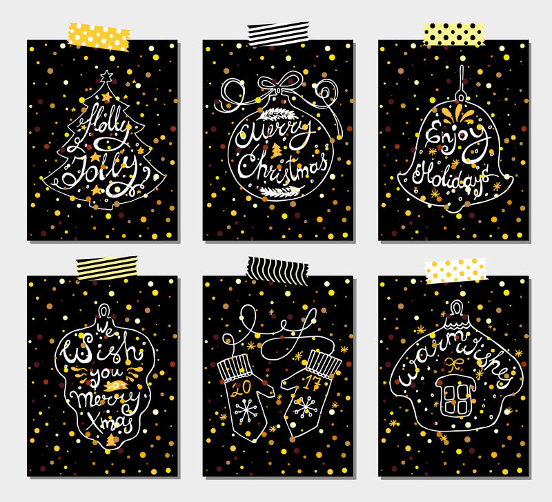 圣诞节假期矢量集的手绘黑色贺卡