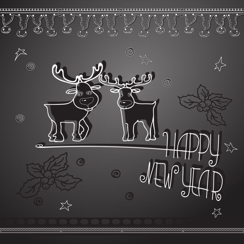 矢量手绘可爱的圣诞鹿和手写文字新年快乐