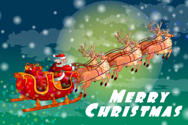 圣诞夜晚的圣诞老人矢量插图