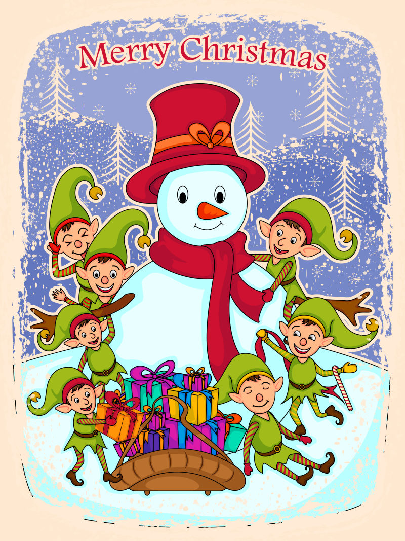 矢量精灵雪人和圣诞礼物图解