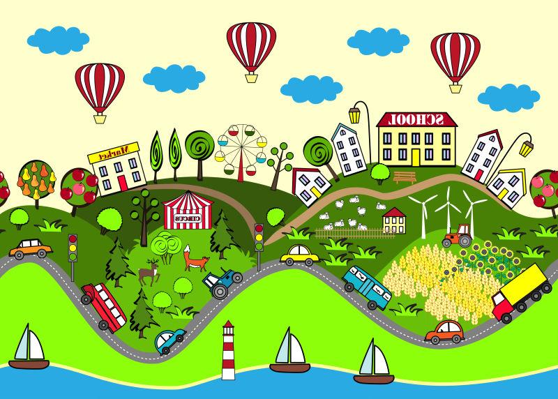 沿海城市的街道以及建筑矢量