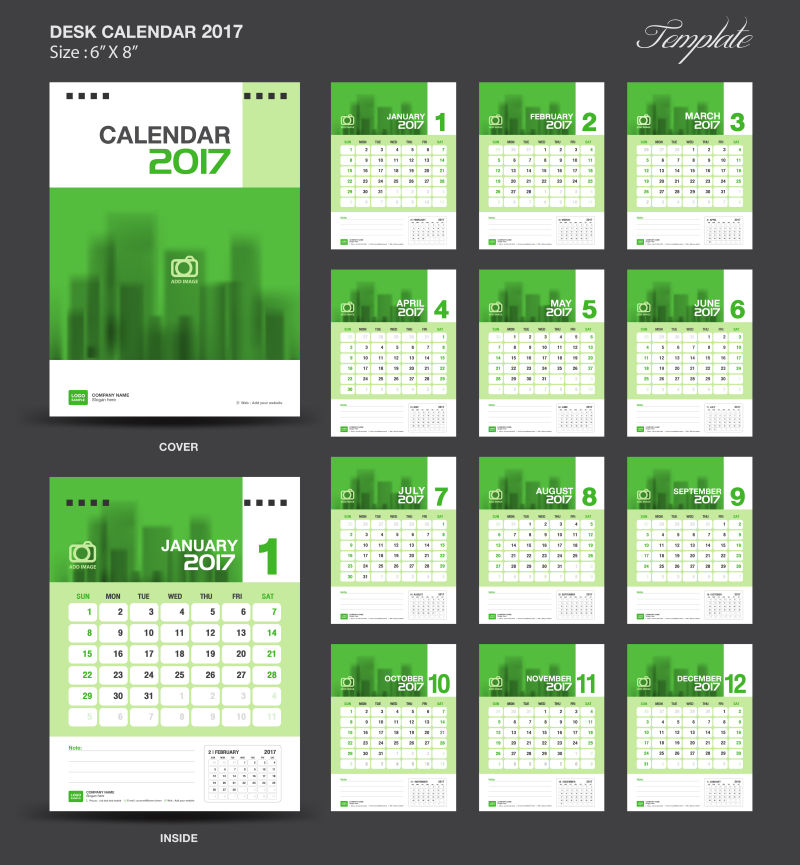 矢量设置绿色桌面日历2017年