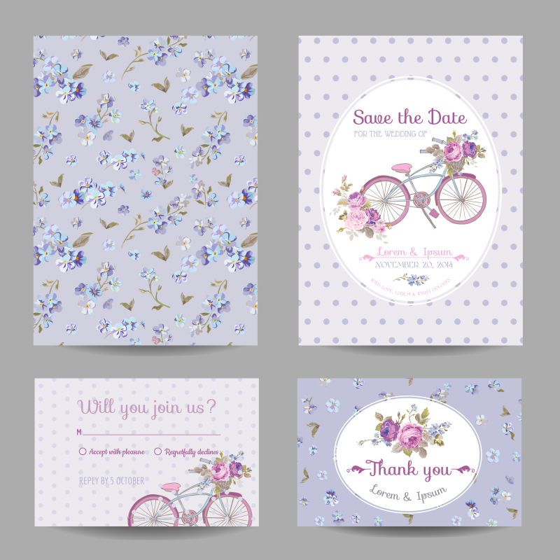 矢量紫色浪漫花朵装饰的婚礼卡片设计