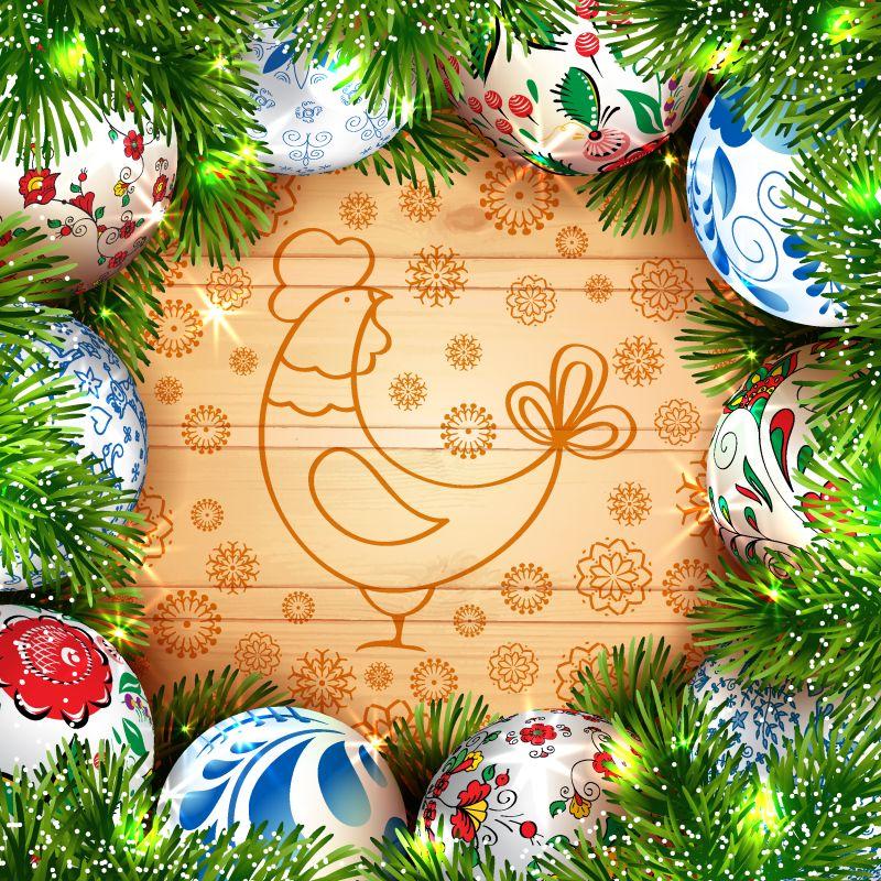 圣诞节彩蛋和公鸡造型的圣诞背景矢量