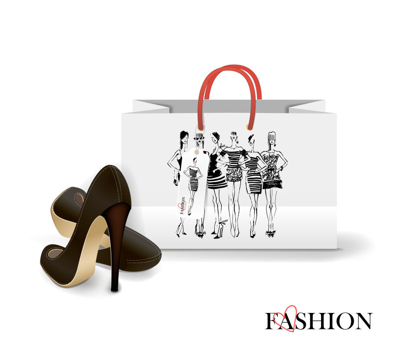 矢量高跟鞋和黑白时尚购物袋