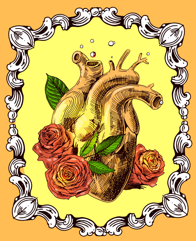 矢量金色玫瑰心脏素描图