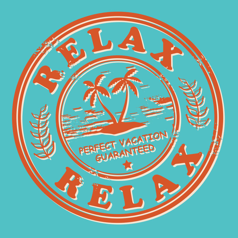 矢量橙色和蓝色棕榈树图案的圆形邮票