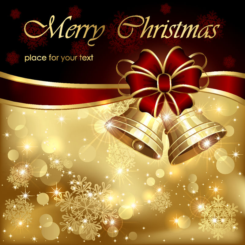 背景有圣诞铃铛蝴蝶结和雪花矢量