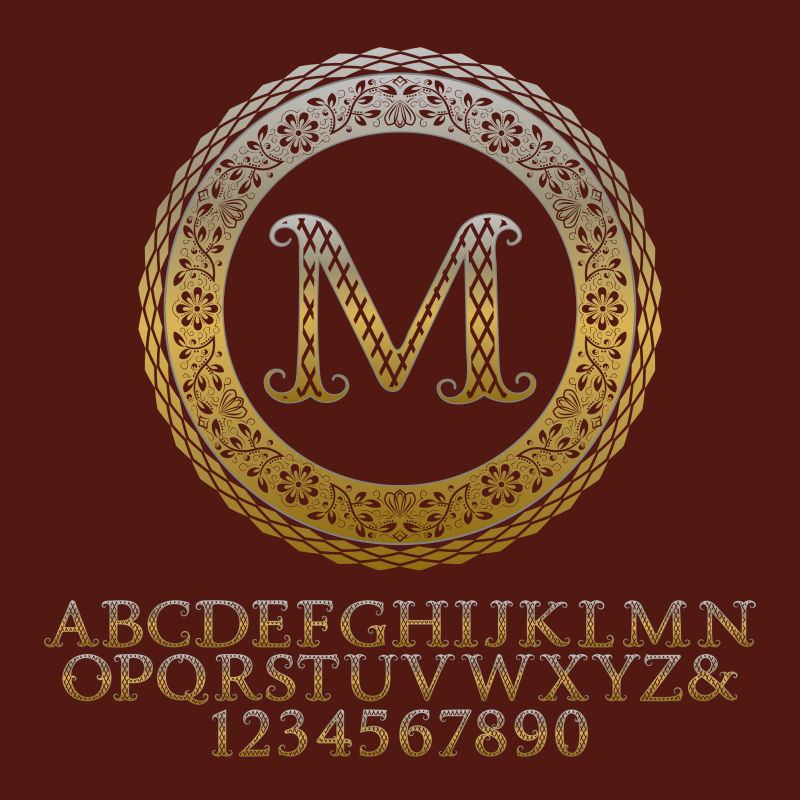 图案化的金色字母和数字标志矢量