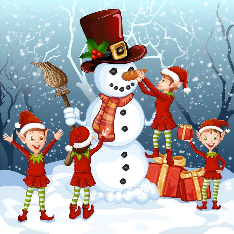精灵与雪人的矢量圣诞贺卡