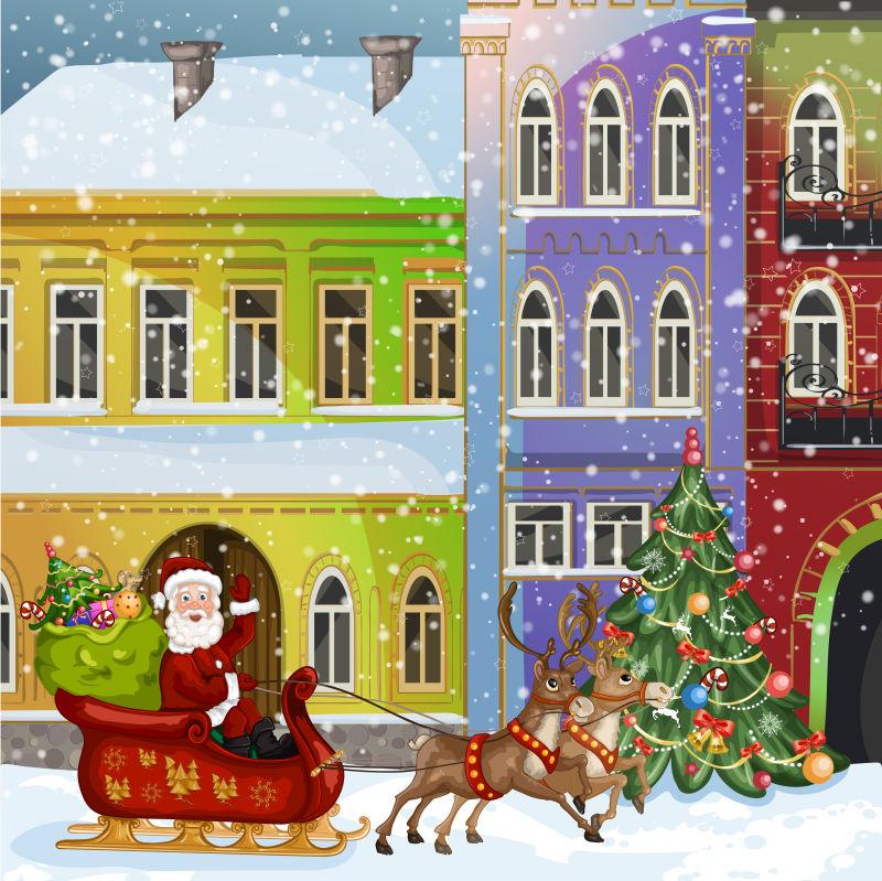 雪橇与驯鹿在冬季城市街矢量图