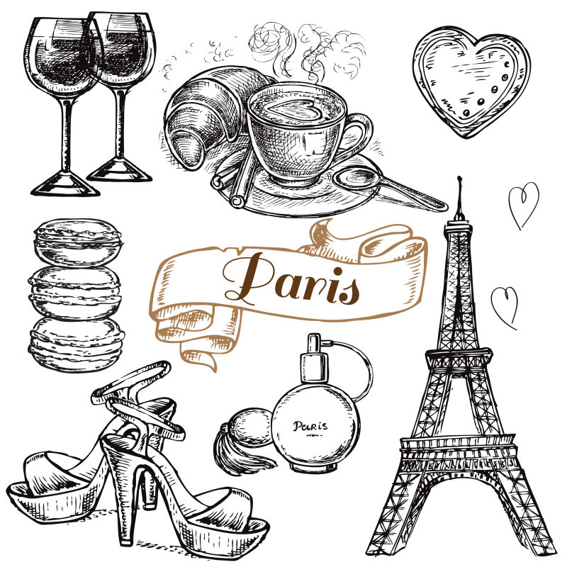 创意矢量手绘巴黎元素平面插图