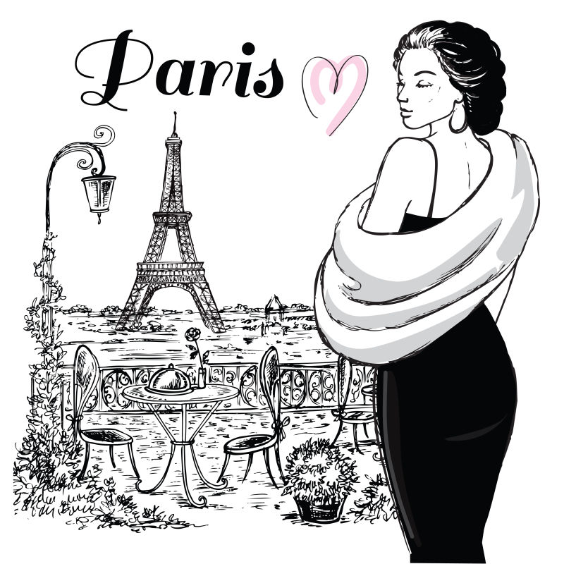 矢量手绘巴黎美女插图