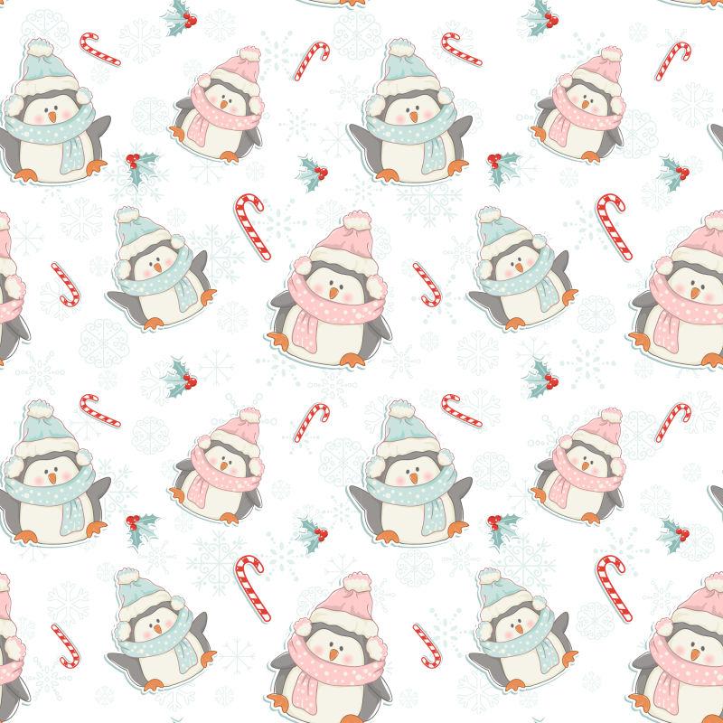 可爱的圣诞企鹅无缝模式图案背景矢量