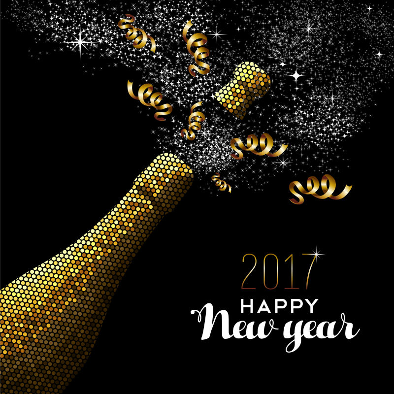 2017新年金色香槟酒瓶庆祝矢量