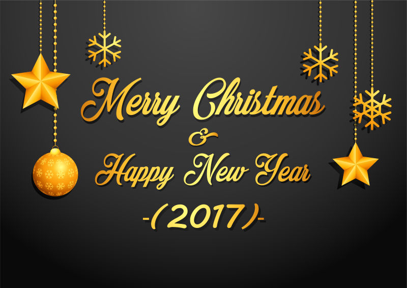 金色的圣诞球和雪花与星星装饰矢量圣诞新年背景