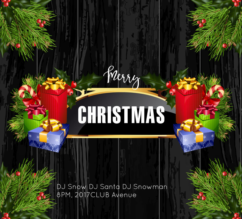 矢量圣诞框架和节日装饰元素在黑色木制背景