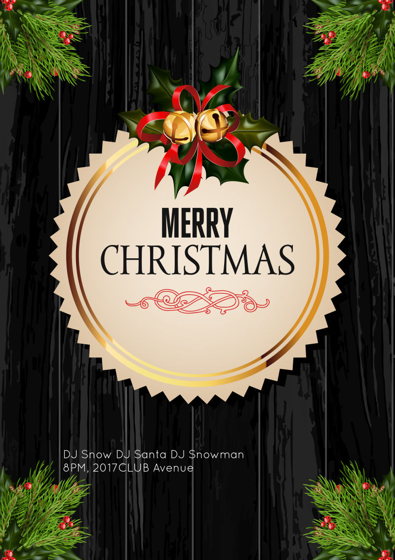 矢量圣诞节背景与金色框架和节日装饰元素在黑色木制背景