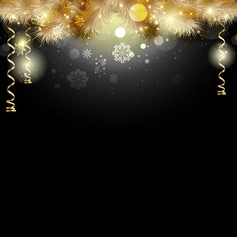 矢量金色圣诞树树枝的黑色圣诞节背景图